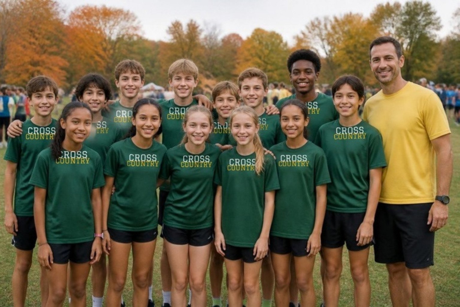 A school cross-country team in matching team tees