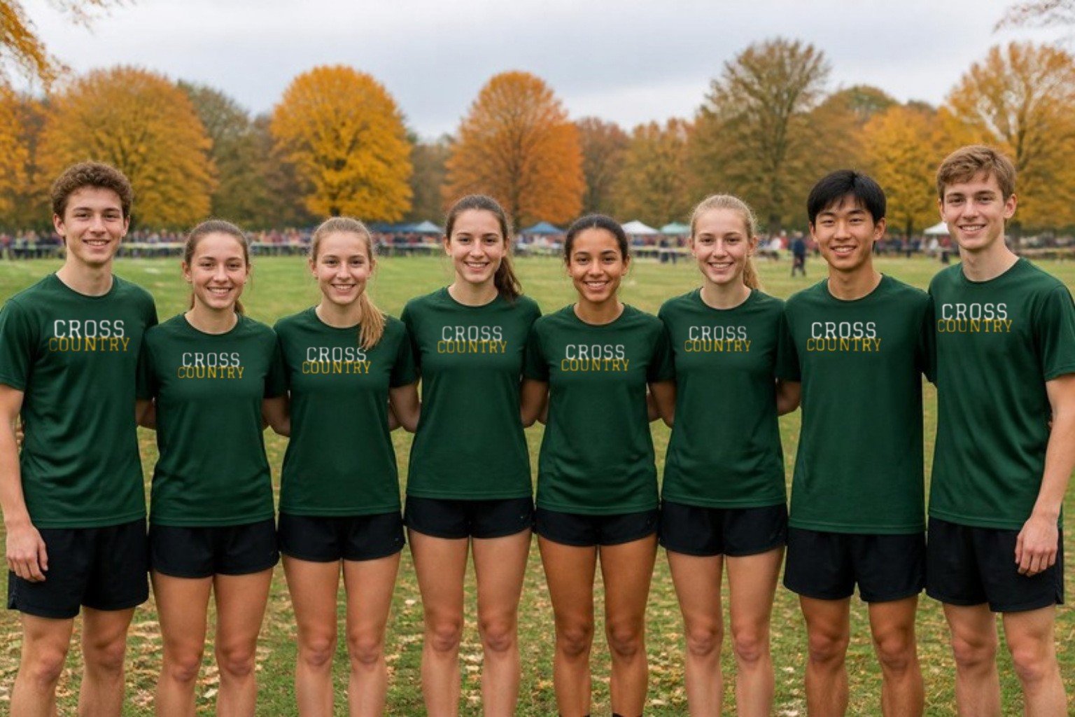A school cross-country team in matching green CROSS COUNTRY tees