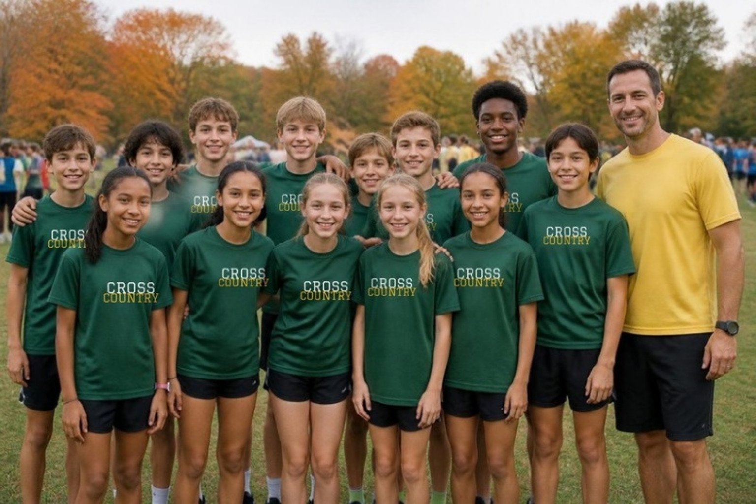 A school cross-country team in matching team tees