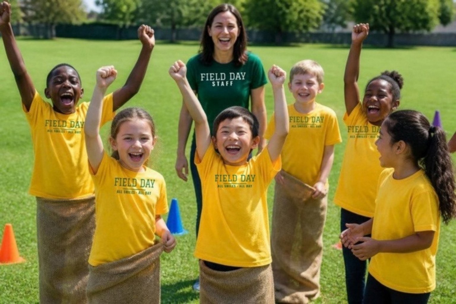 Elementary students cheering in a sack race in yellow FIELD DAY tees, with a staff member in a green FIELD DAY STAFF tee