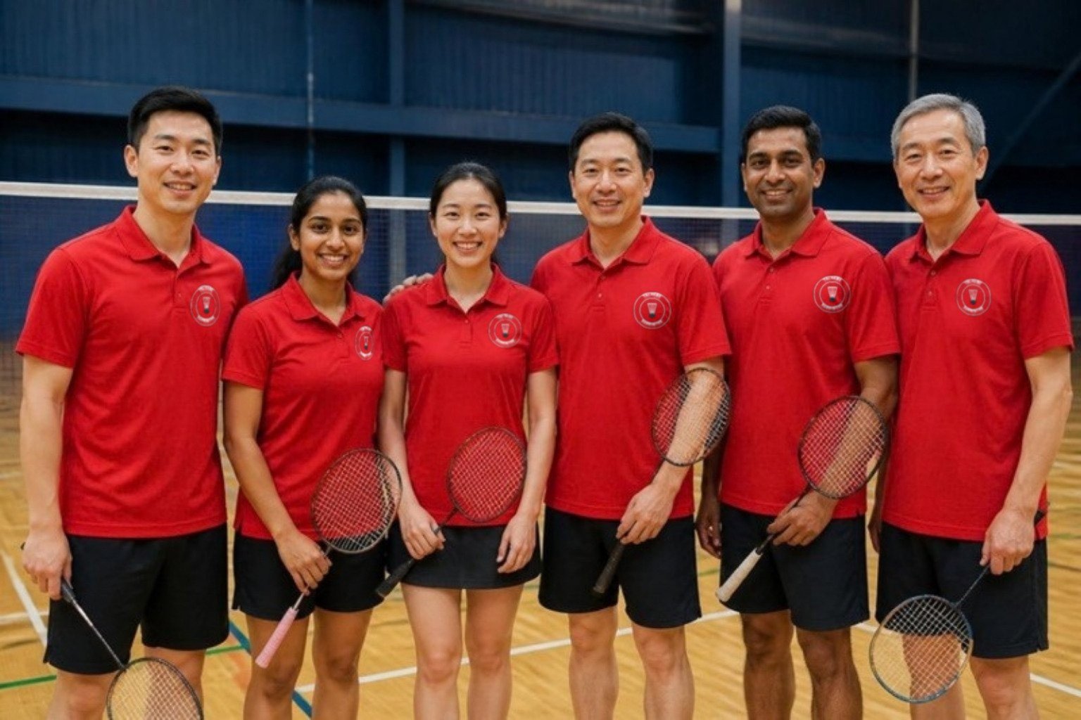 Demo badminton club members of all ages in matching red polos with the Tolvane Badminton Club crest, rackets in a club hall