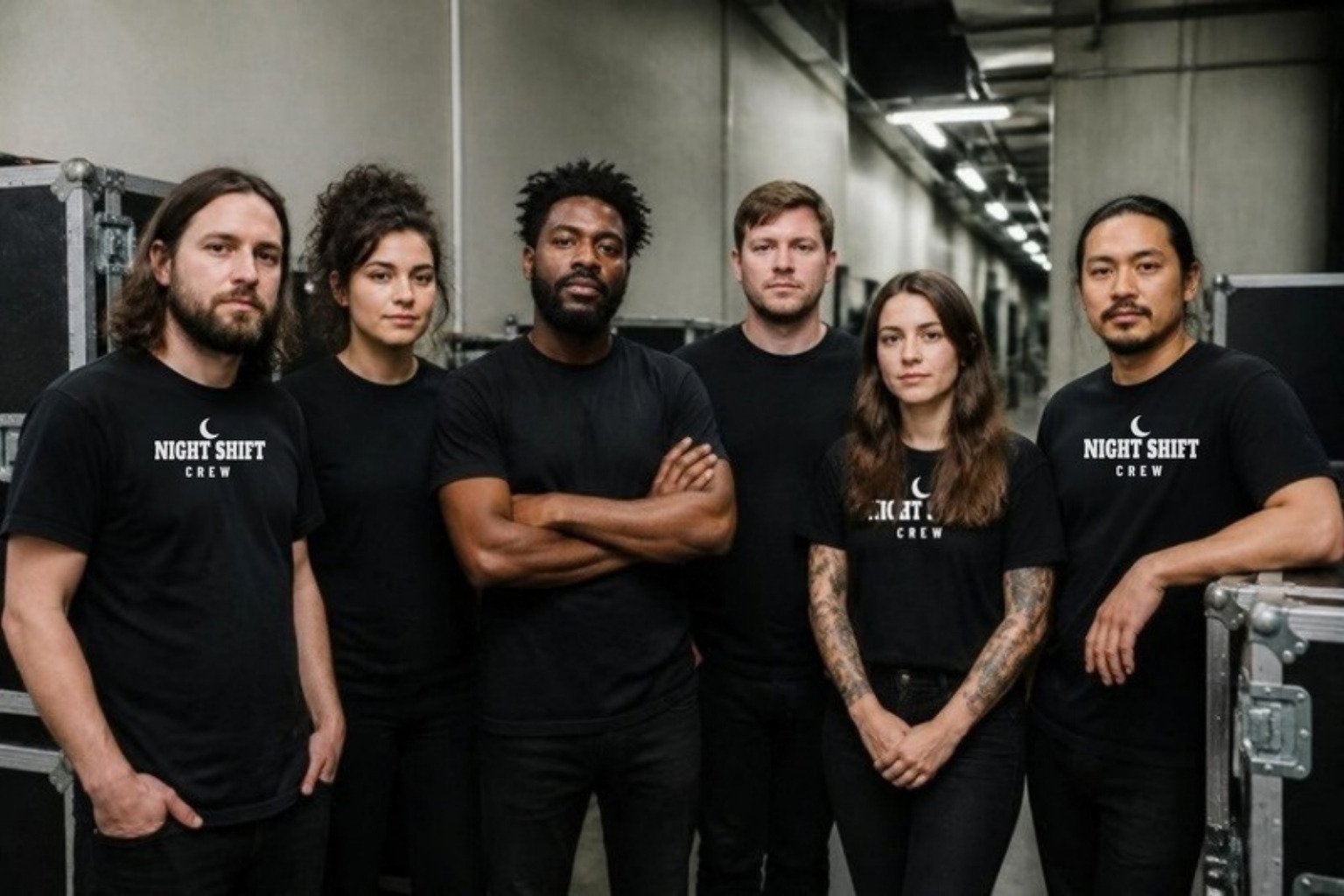 Demo: a band and road crew backstage in black tees, some printed with the fictional Night Shift crew design