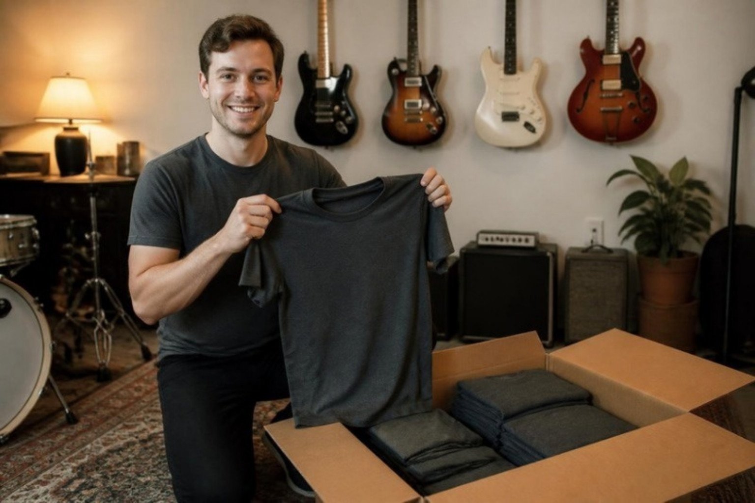 Demo: a musician unpacking a shipped box of folded shirts in his rehearsal room