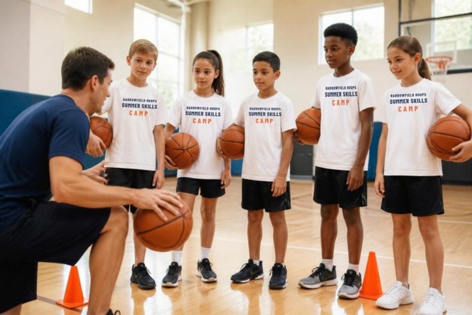 Demo summer skills camp: a coach with five campers in white Harrowfield Hoops camp tees