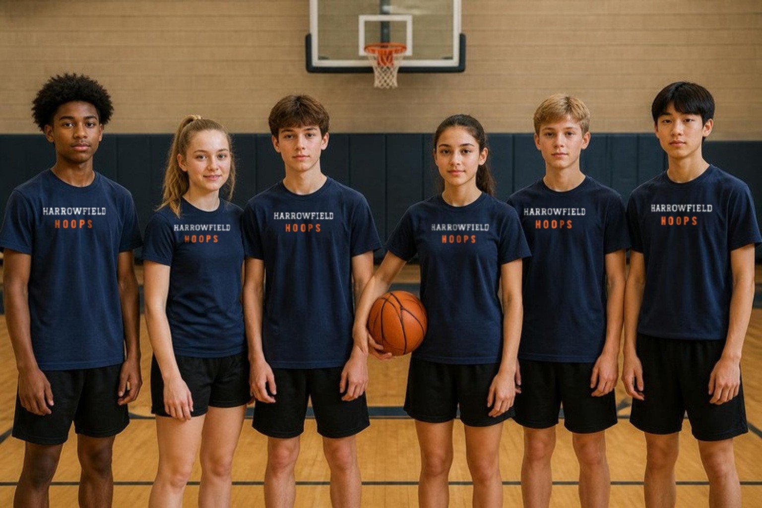 Demo: players of the fictional Harrowfield Hoops 14U club team at practice in matching navy tees printed HARROWFIELD HOOPS, one holding a basketball
