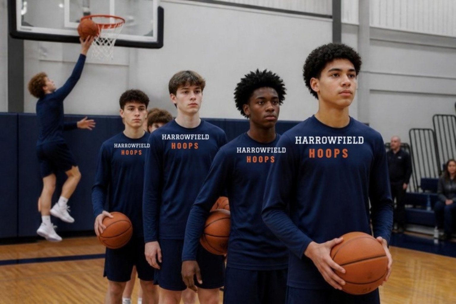 Demo pregame layup line from the fictional Harrowfield Hoops: teen players in navy long-sleeve shooting shirts printed HARROWFIELD HOOPS across the chest