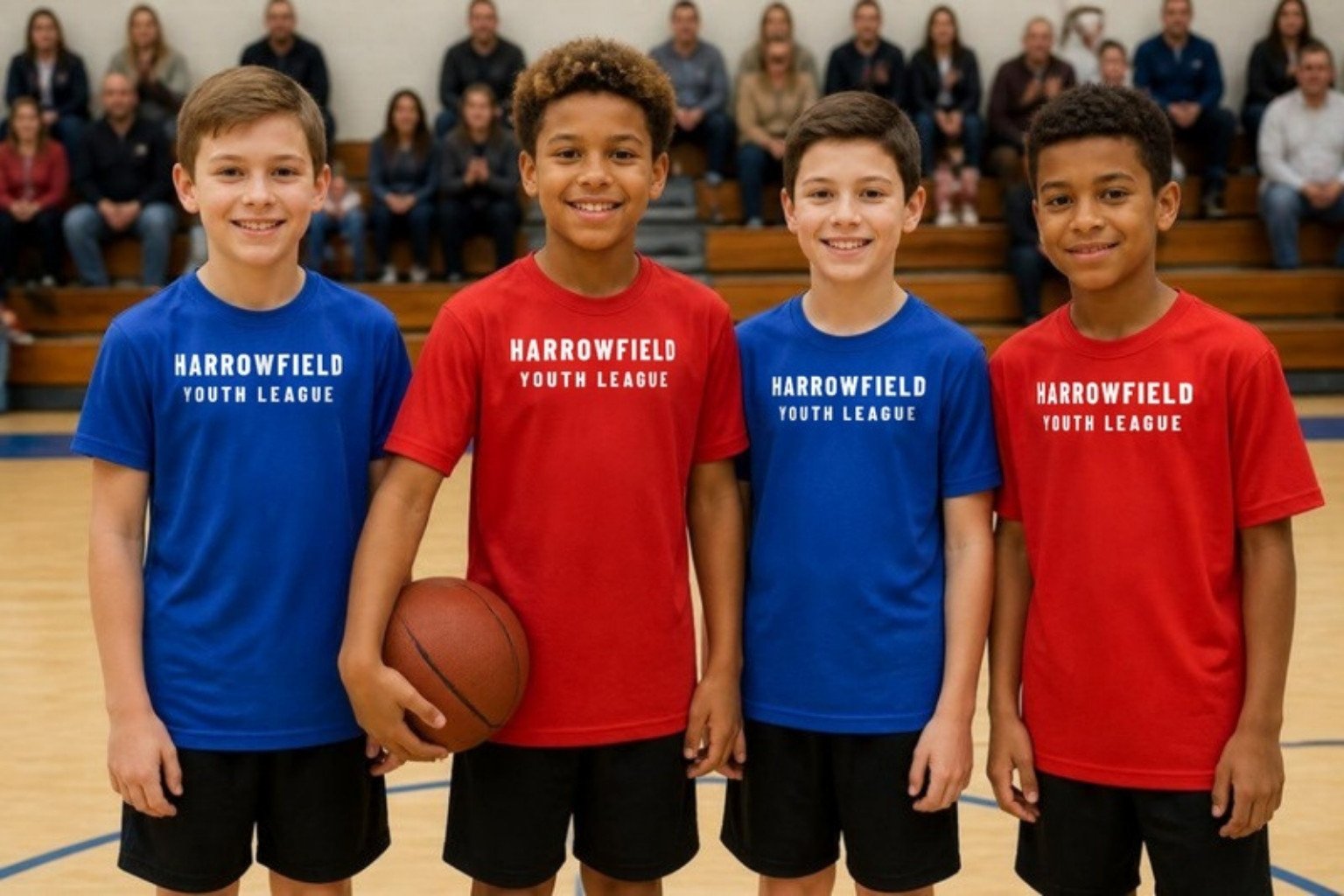 Demo: four kids from two teams of the fictional Harrowfield youth basketball league in red and blue tees printed with the same league design