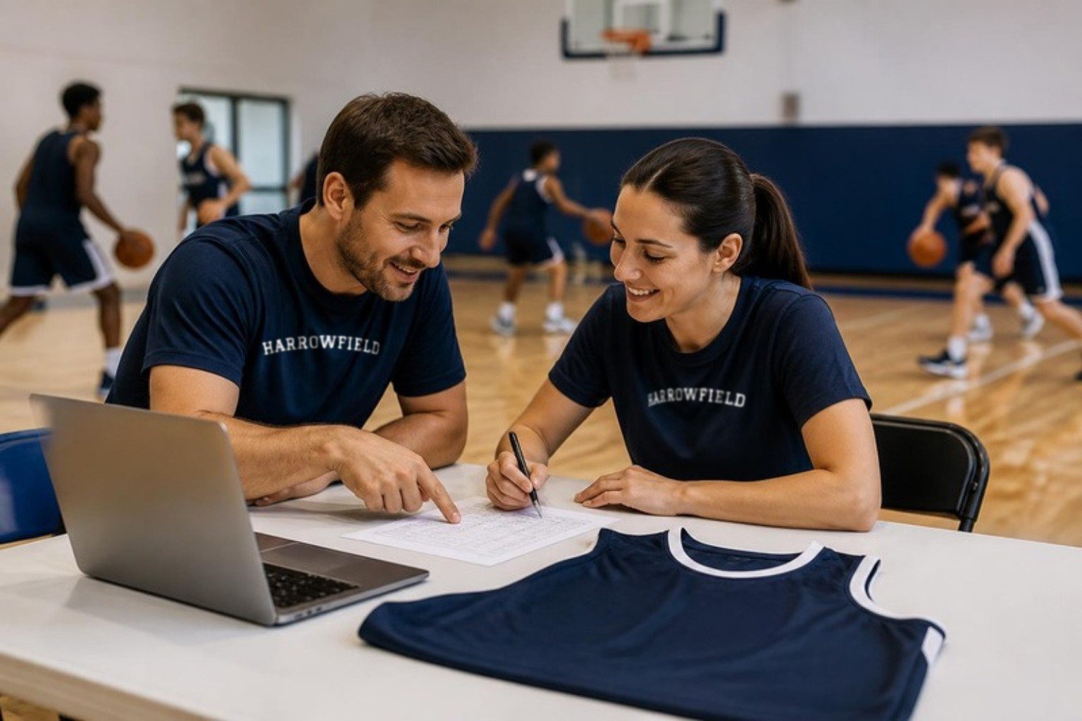 Demo: a club coach and a team parent in navy HARROWFIELD tees planning the team order at a courtside table with a roster sheet and a plain navy jersey