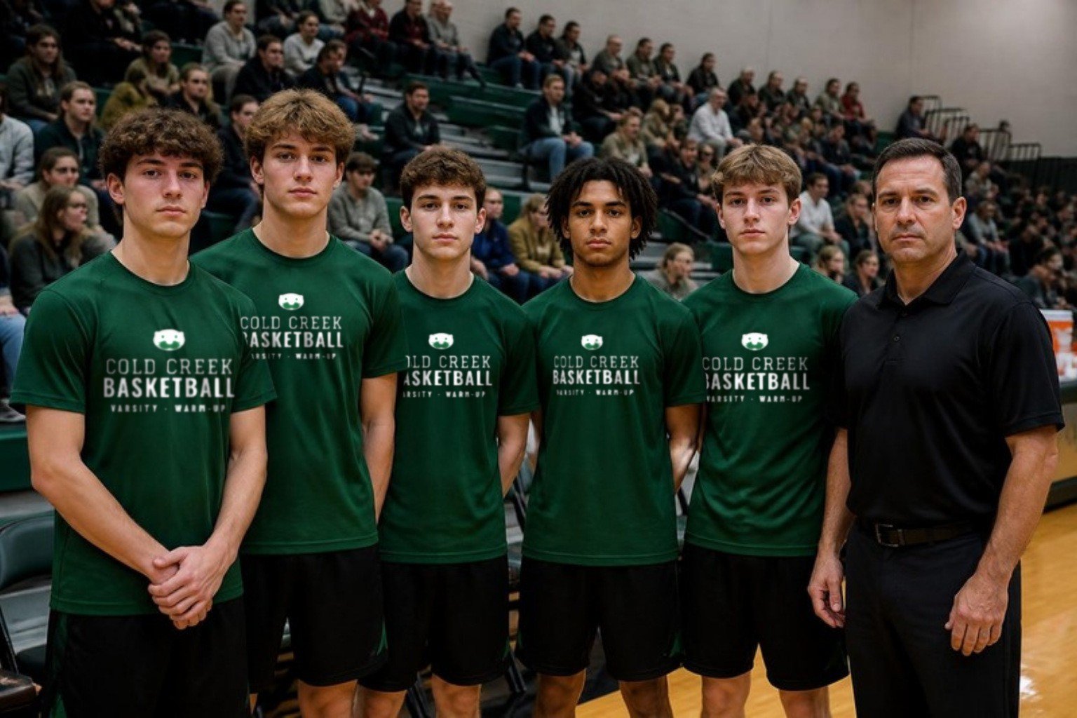 Demo: a high school varsity basketball team of the fictional Cold Creek in matching green warm-up tees printed COLD CREEK BASKETBALL, with their coach by the bench