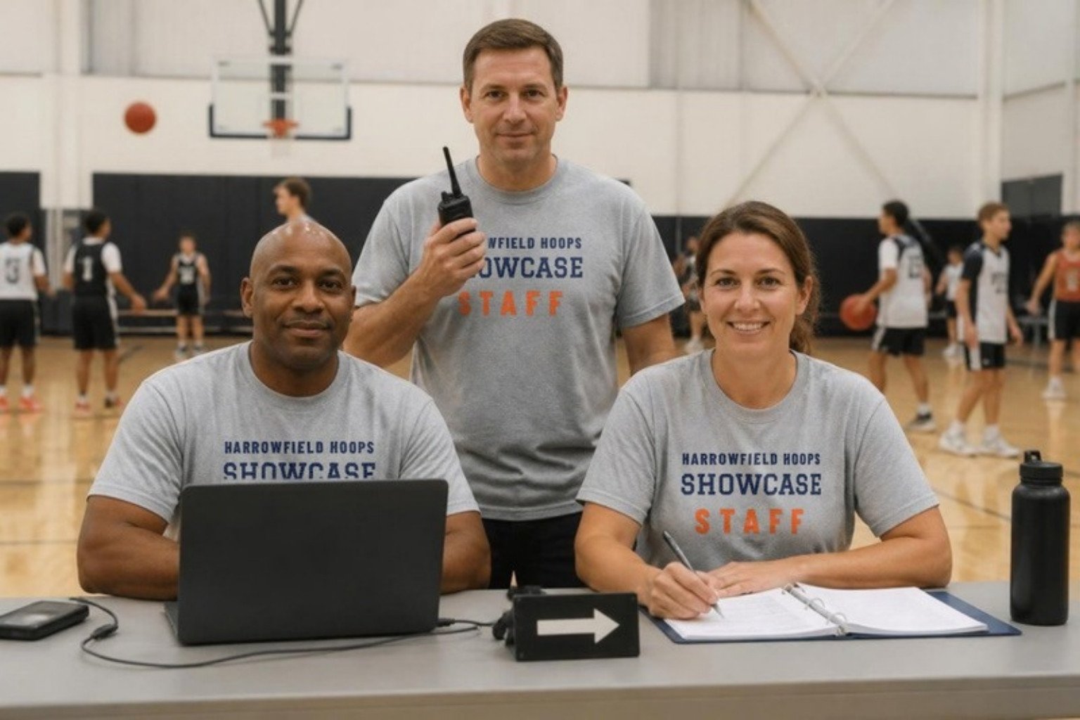 Demo tournament scorer table: volunteers and the director in gray tees printed across the front with the Harrowfield Hoops Showcase Staff mark