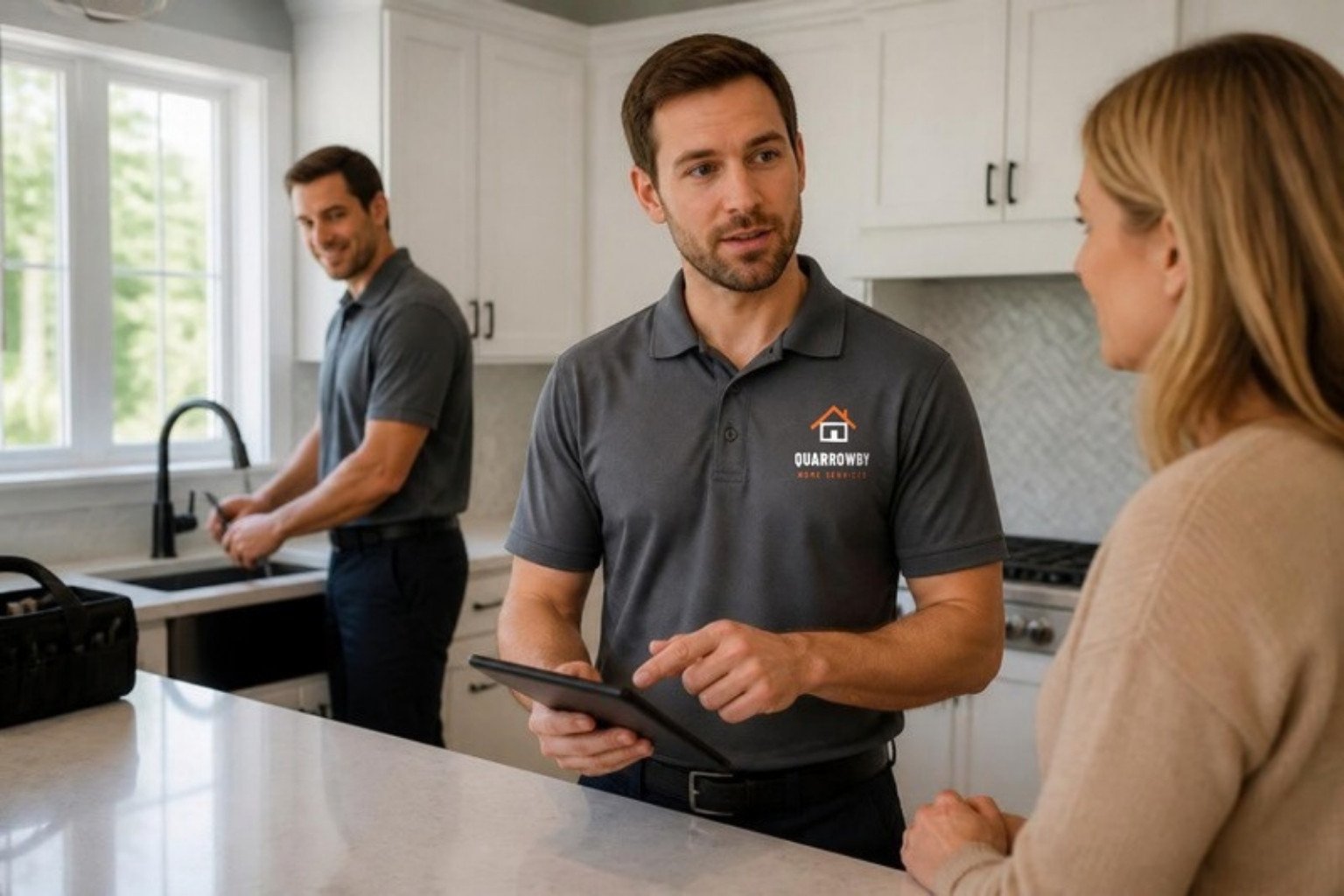 Demo technician from the fictional Quarrowby Home Services in a slate polo with the company mark printed on the left chest, walking a homeowner through the job in her kitchen
