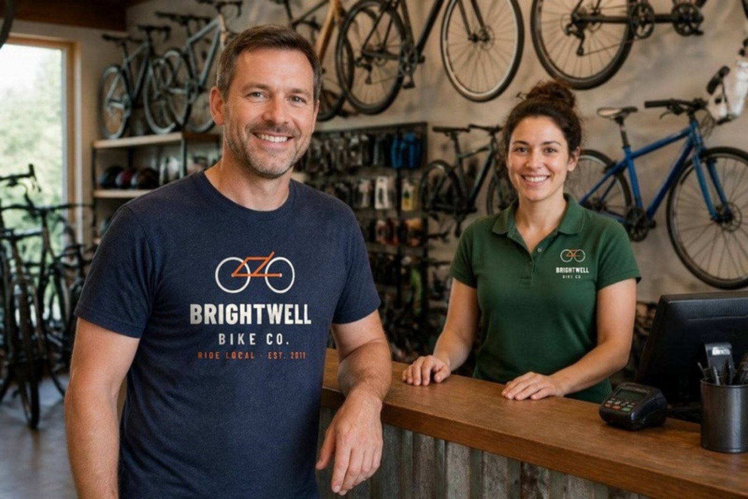 Demo counter at the fictional Brightwell Bike Co.: a regular in the shop’s printed navy tee and a staff member in a green polo with the shop mark on the left chest