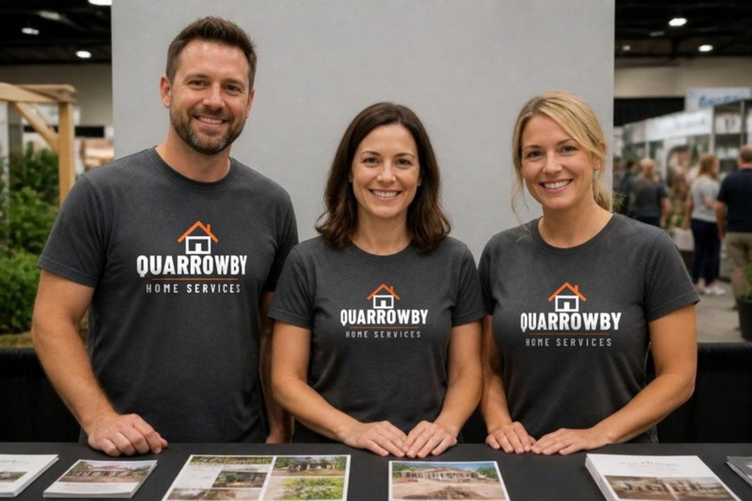 Demo home-show booth: three staff of the fictional Quarrowby Home Services in matching charcoal tees with the company logo printed across the front