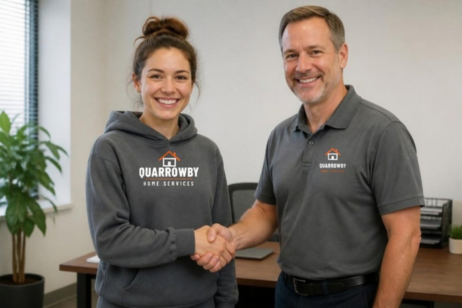 Demo first day at the fictional Quarrowby Home Services: a new hire in a slate company hoodie printed across the chest shakes hands with her manager