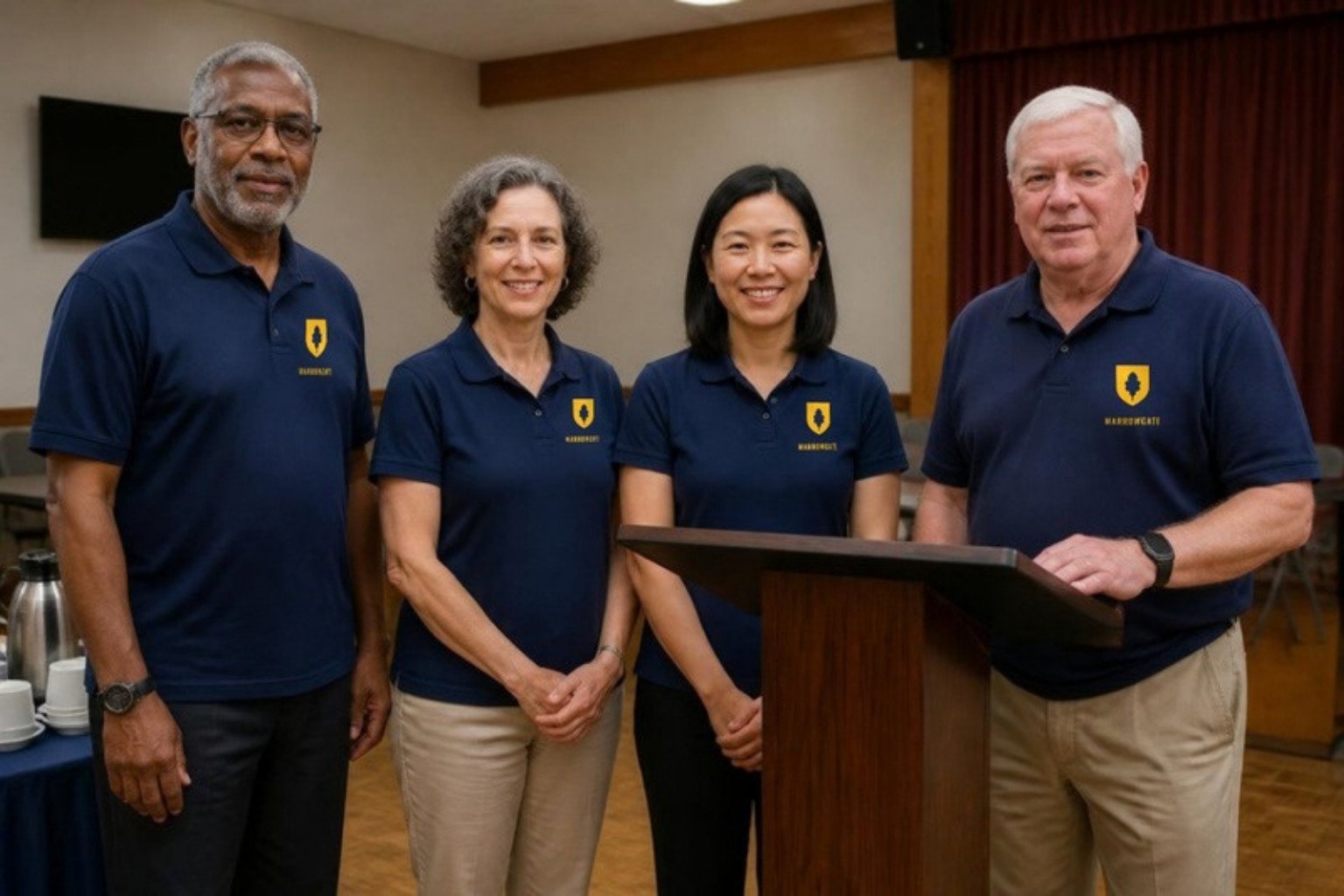 Demo: four members of a fictional service club chapter in navy polos with a small gold left-chest emblem, at their meeting hall