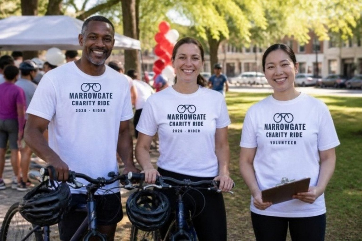 Demo: two riders and a volunteer at the fictional Marrowgate Charity Ride in white event tees printed in navy