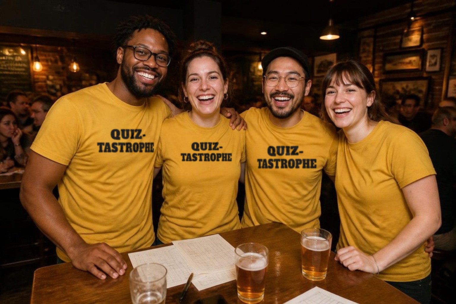 Demo: friends at a pub trivia night in matching mustard tees printed with their team name, QUIZ-TASTROPHE