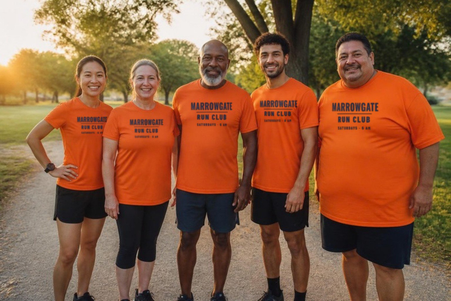Demo: members of the fictional Marrowgate Run Club of many sizes and ages in orange tees printed with the club name