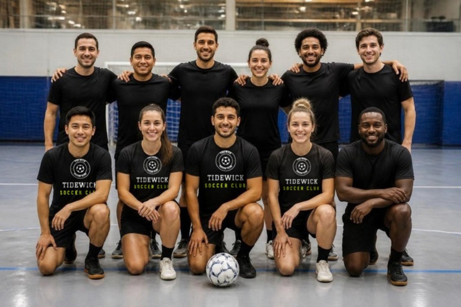 Demo adult futsal team of men and women in black Tidewick Soccer Club tees and shorts with a futsal ball on an indoor court
