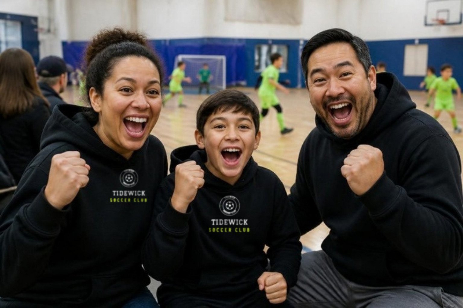 Demo parents and a boy in black hoodies, two printed with the Tidewick Soccer Club crest, cheering courtside at a youth futsal game in a school gym
