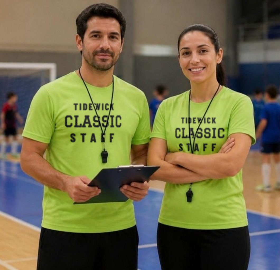 Demo tournament staff in lime TIDEWICK CLASSIC STAFF tees with whistles and a clipboard on an indoor futsal court, youth games behind