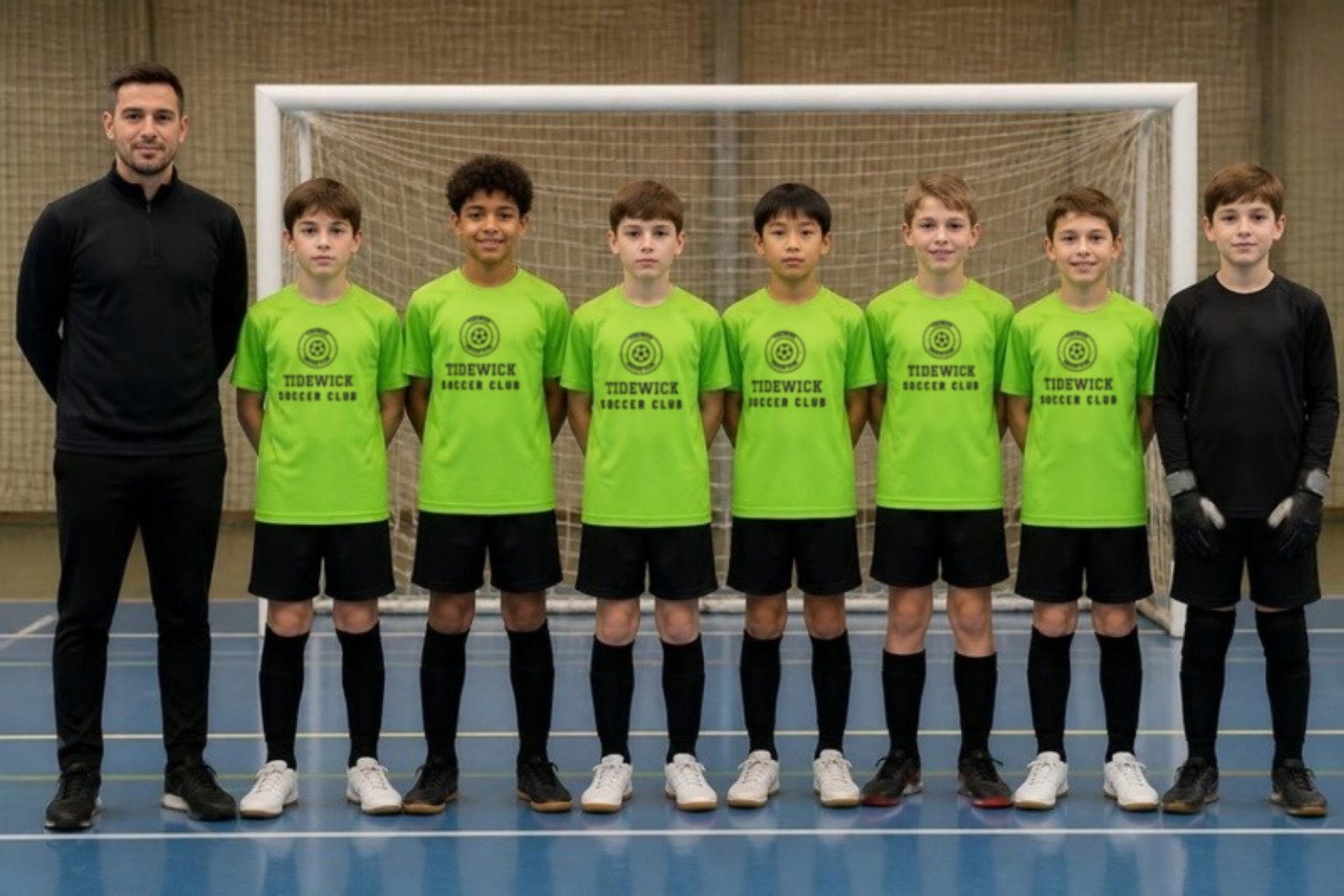 Demo youth futsal team from the fictional Tidewick SC lined up in front of a futsal goal on an indoor court: players in lime shirts with the Tidewick Soccer Club crest and black shorts, the goalkeeper in a black long-sleeve shirt and gloves, the coach in a black quarter-zip