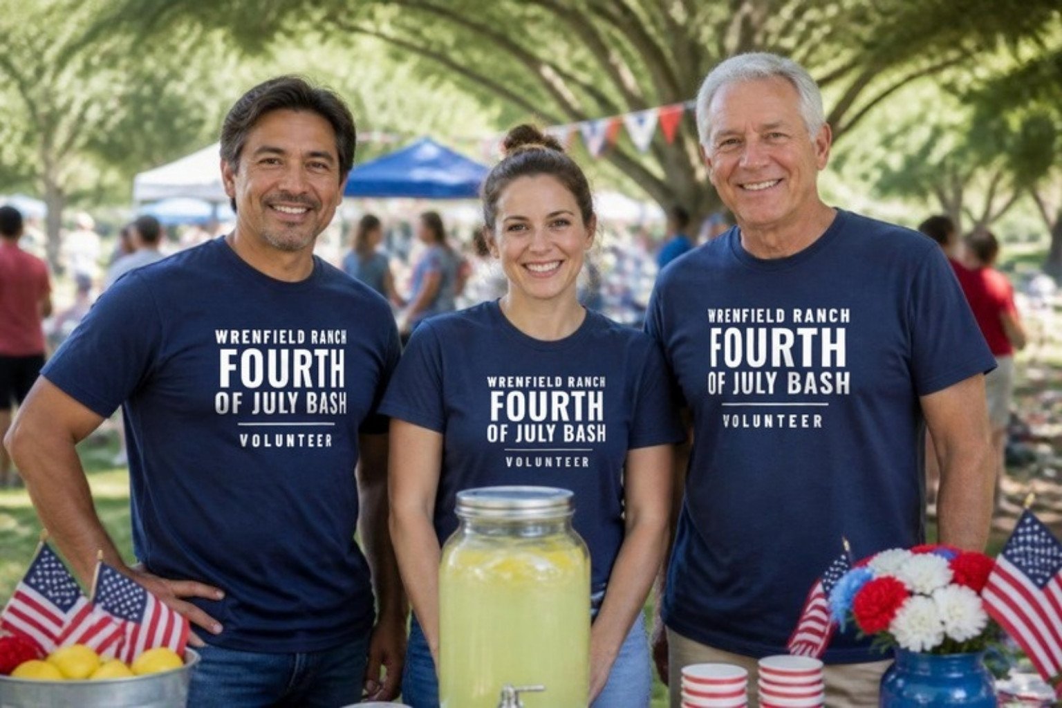 Demo: three volunteers at the fictional Wrenfield Ranch Fourth of July Bash in navy tees printed with a white volunteer design, behind a lemonade table