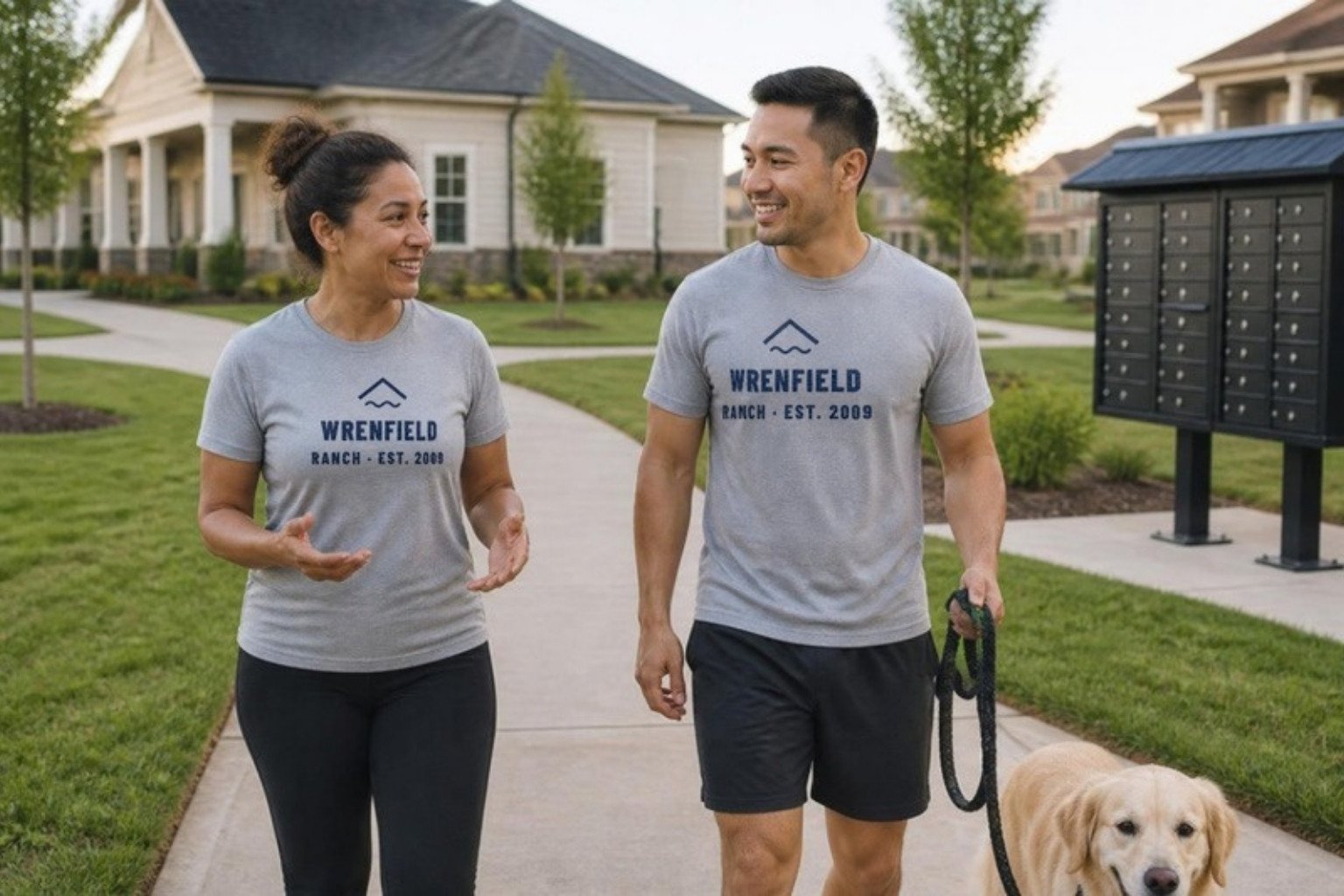 Demo: two residents of the fictional Wrenfield Ranch neighborhood walking a dog past the clubhouse in grey tees printed with the community’s navy mark