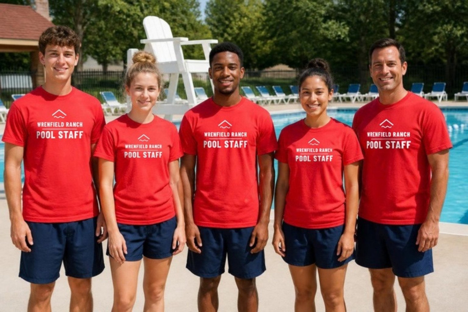 Demo: pool staff of the fictional Wrenfield Ranch community association in red tees printed across the front with a white POOL STAFF mark, standing on the pool deck