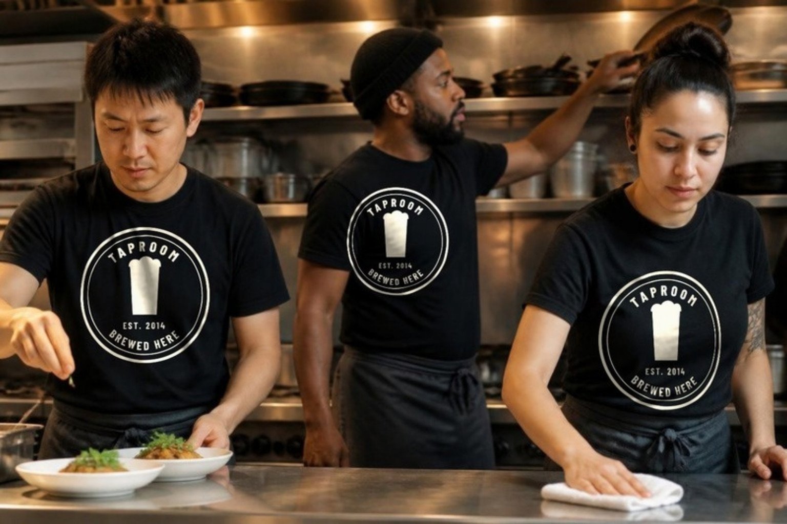 Cooks on a restaurant kitchen line in matching black tees printed across the front with the house badge, waist aprons, working the pass