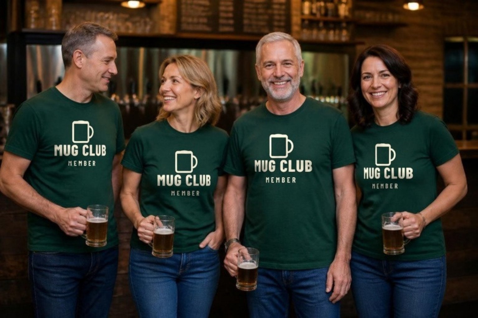 Four regulars with beer mugs in front of the bar in matching green tees printed across the front with the MUG CLUB member mark