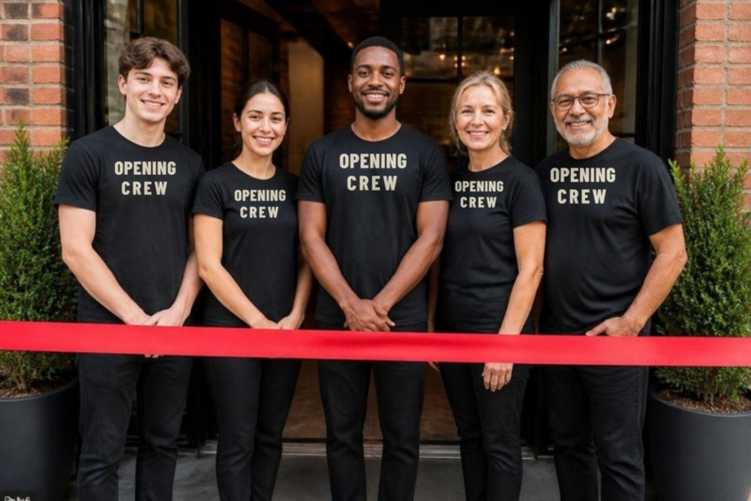 A restaurant crew lined up behind a red ribbon on opening day in matching black OPENING CREW tees