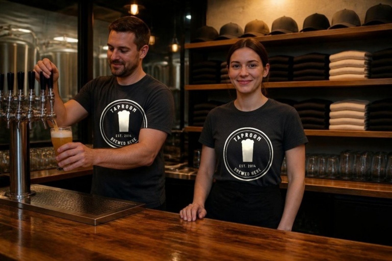 A taproom bartender and server in charcoal tees printed across the front with the house badge, plain caps and folded house tees on the shelves behind the bar