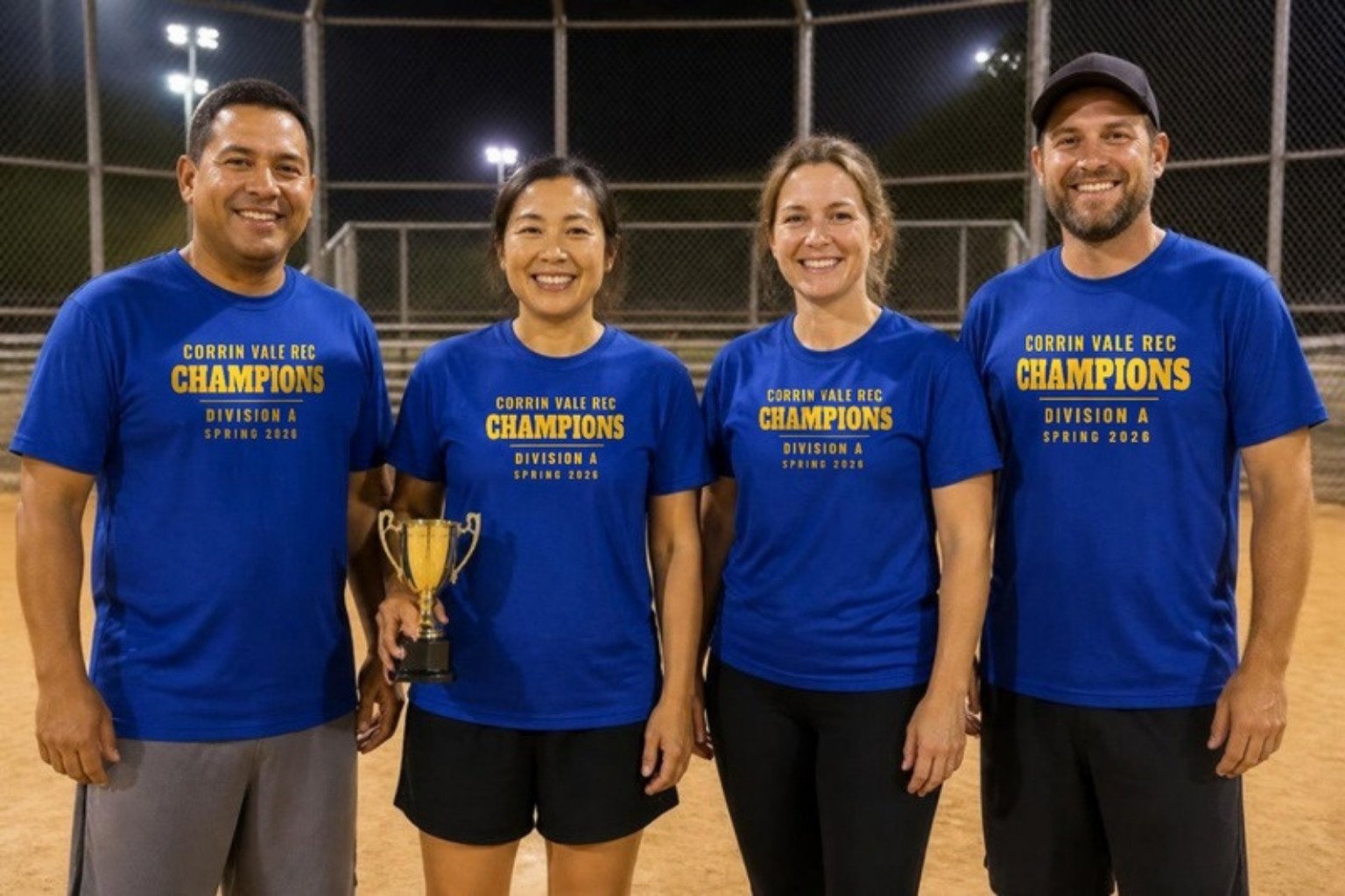 Demo: division champions of the fictional Corrin Vale rec league in royal blue tees printed in gold, one holding a small trophy