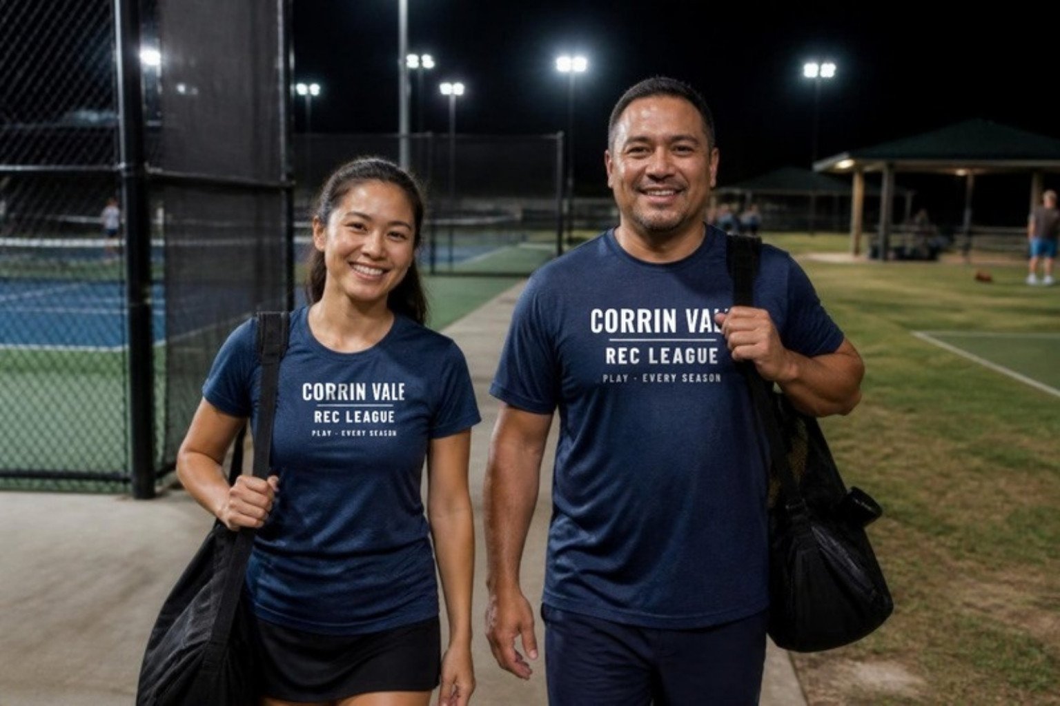 Demo: two adult rec league players leaving the courts in navy tees printed with the fictional Corrin Vale league name