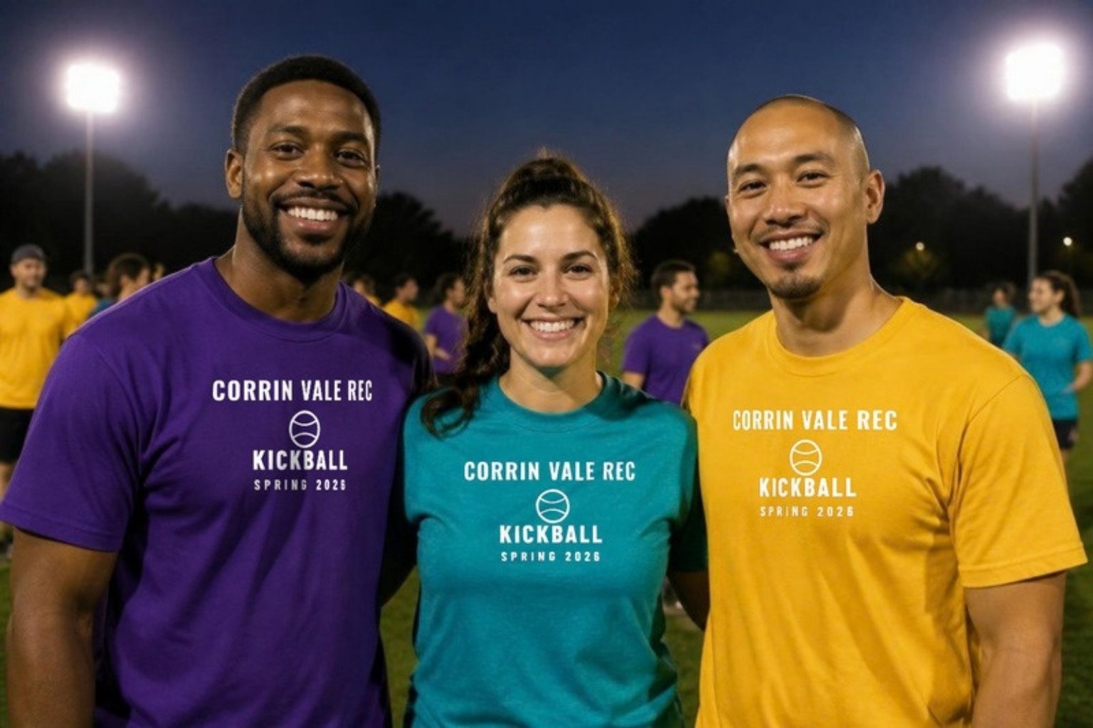Demo: players from three teams of the fictional Corrin Vale adult kickball league in purple, teal and gold tees printed with the same league design