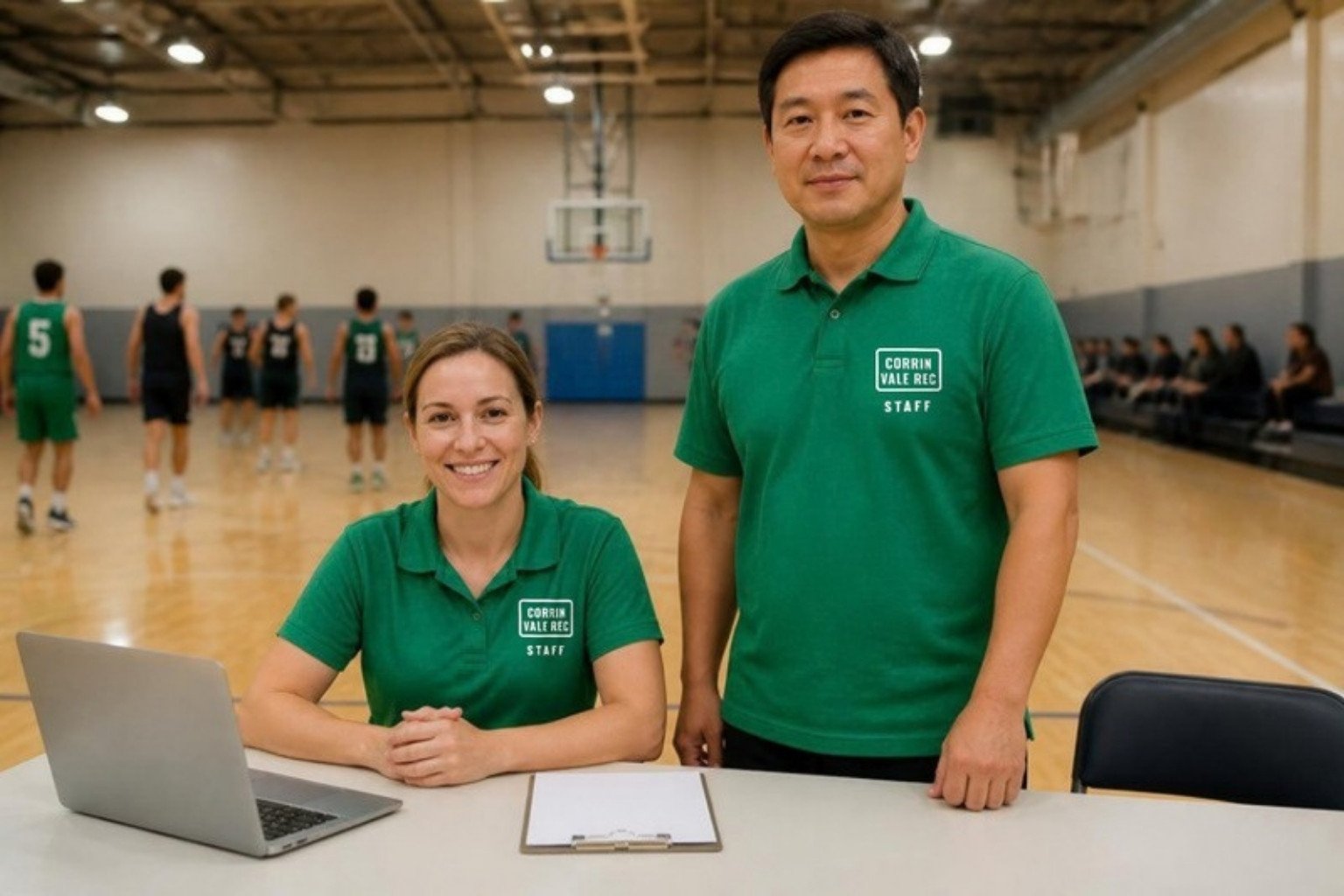 Demo: rec league site staff at the scorer’s table in green polos with a small white left-chest staff mark