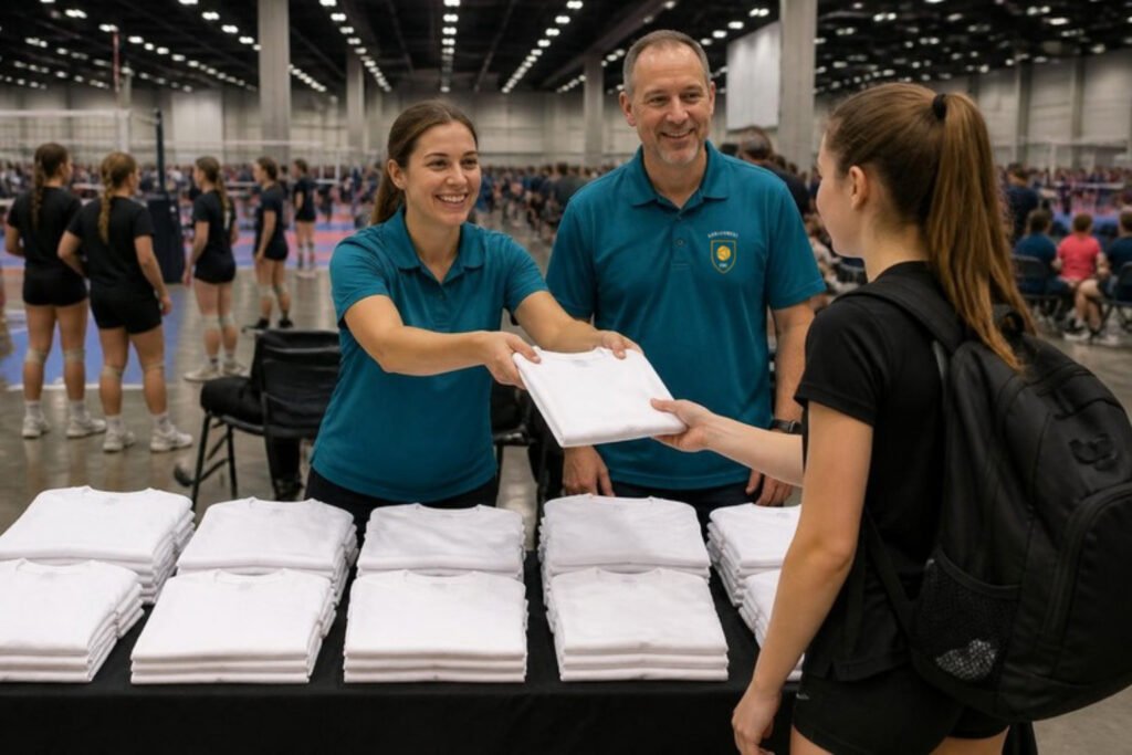 Demo photo: Winter Kickoff check-in of the fictional Sablecrest Volleyball Club: staff in teal polos, one with the club crest on the left chest, hand a player her event tee