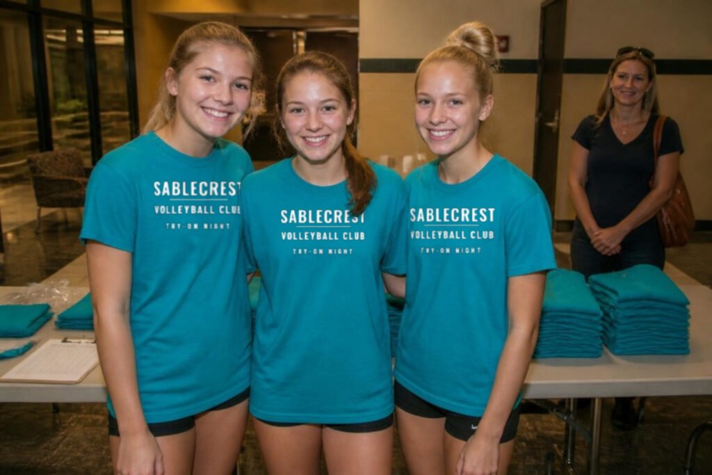 Demo photo: three players of the fictional Sablecrest Volleyball Club at try-on night in teal club tees, size samples on the table