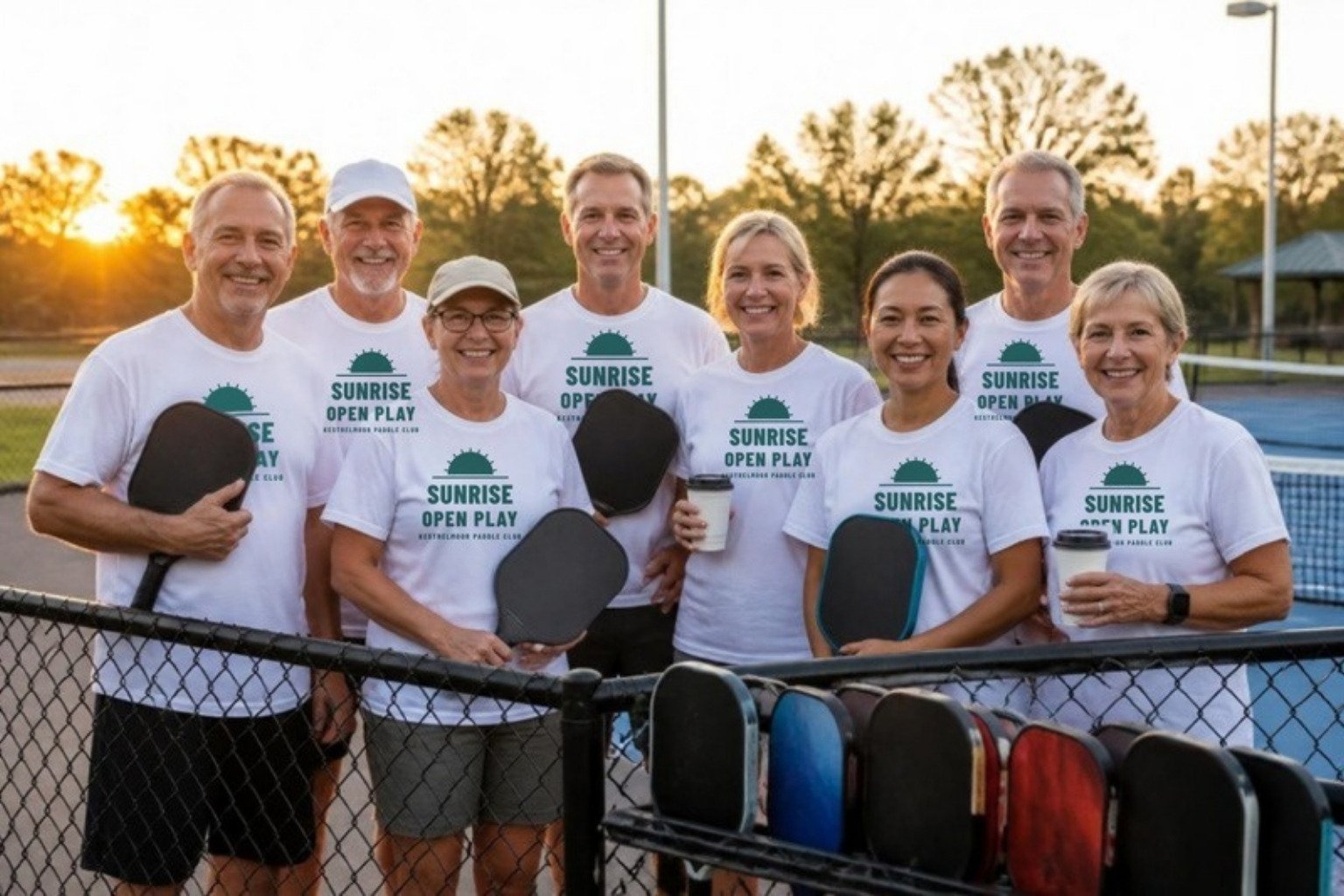 Demo open-play group at sunrise on park courts: eight regulars of all ages in the same white SUNRISE OPEN PLAY group tee with paddles and coffee, a paddle rack on the fence