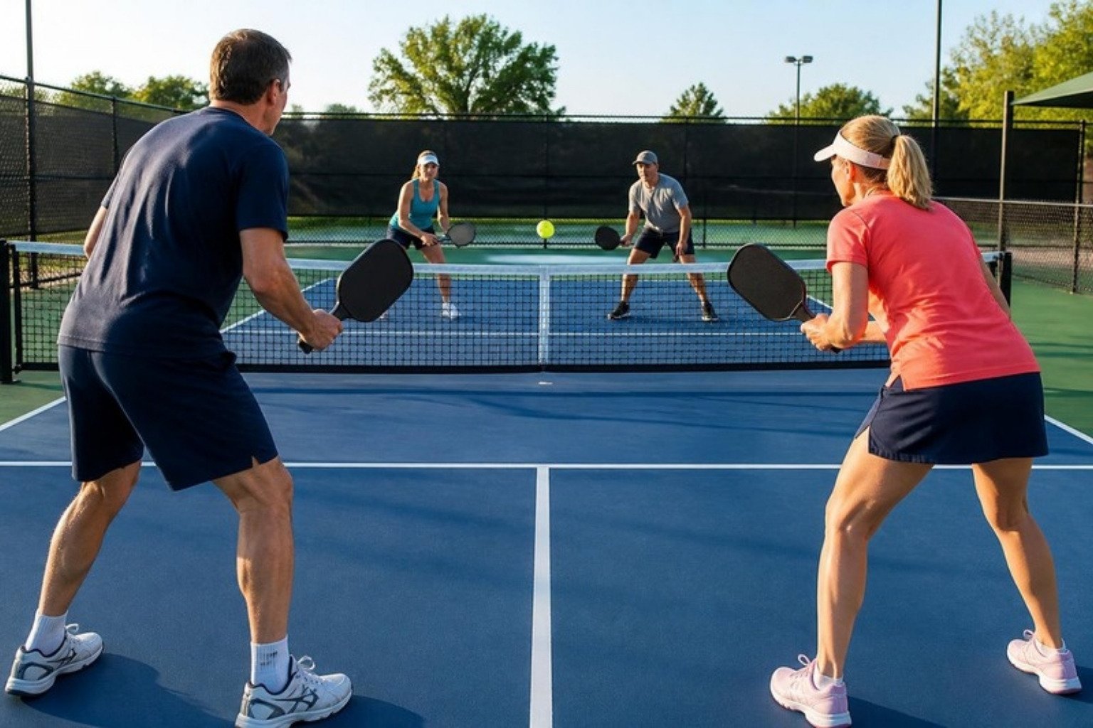 Demo doubles rally on outdoor club courts: the near team ready behind the kitchen line in plain navy and coral, opponents at the net, ball in play