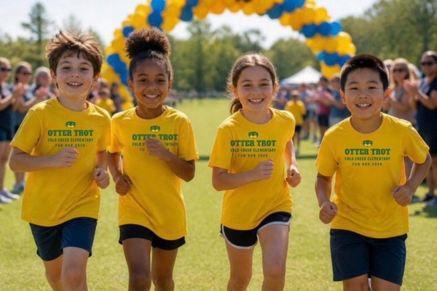 Demo: children running a school fun run in gold tees printed with the fictional Cold Creek Otter Trot design