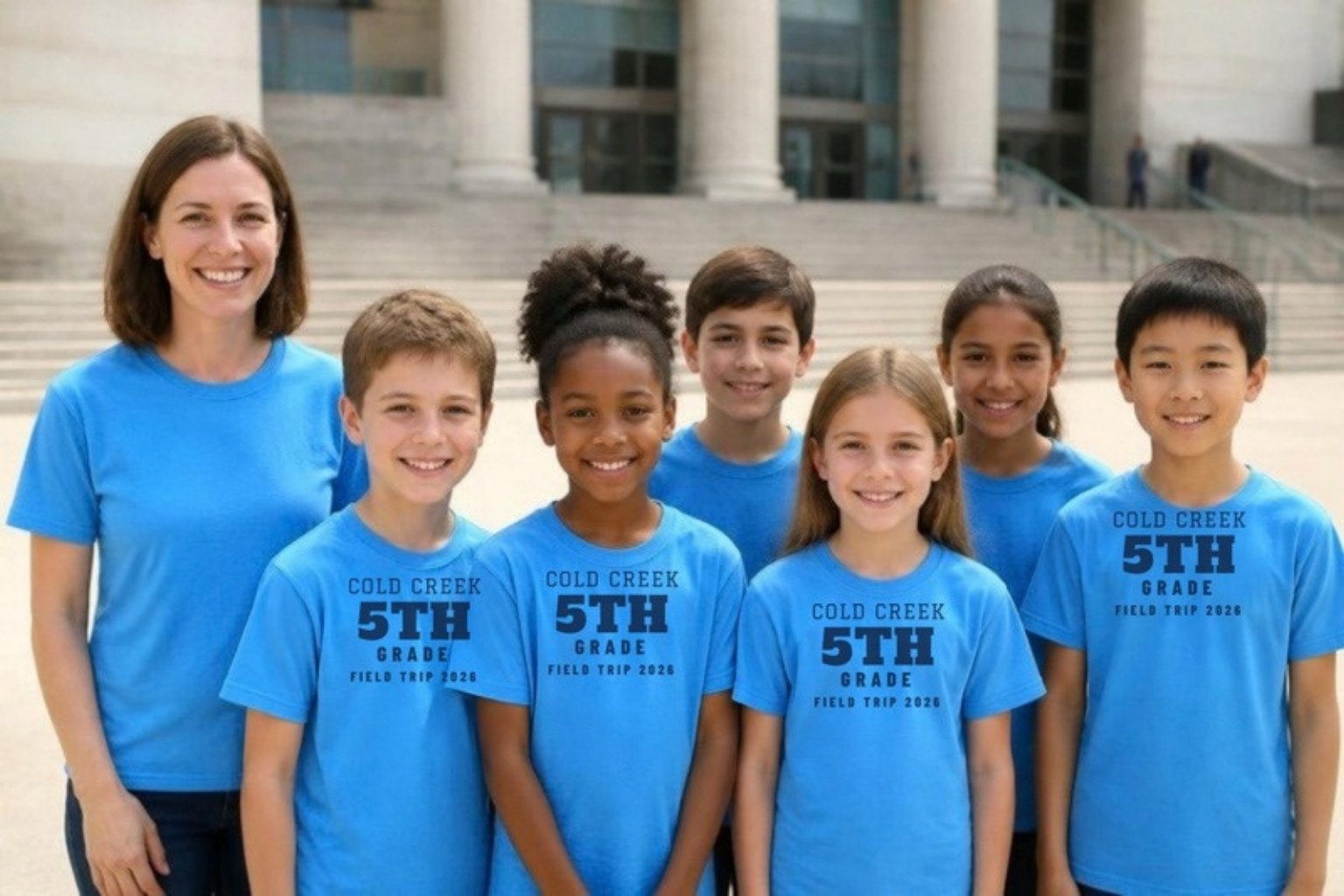 Demo: a fifth-grade class on a field trip in sky blue class tees printed with a navy 5TH GRADE design, with their teacher