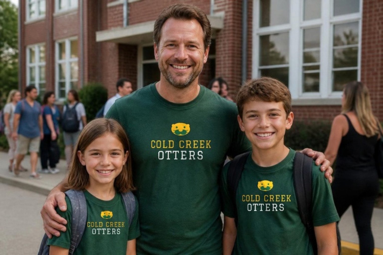 Demo: a father and two children at school pickup in green spirit tees printed with the fictional Cold Creek Otters design