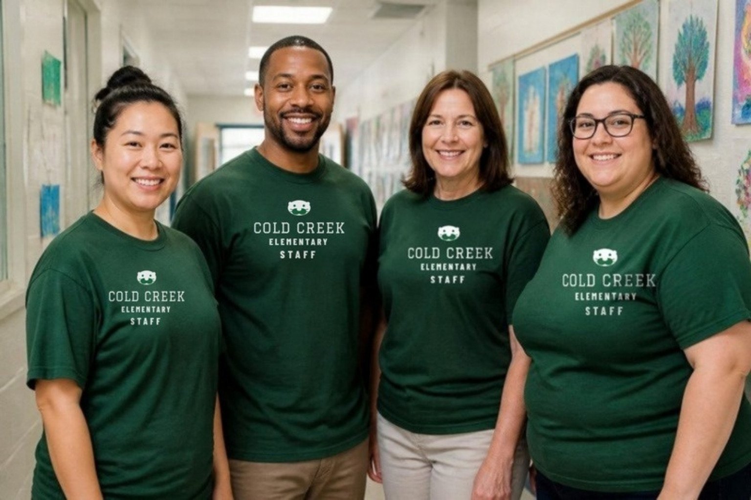 Demo: four elementary school teachers and staff in a hallway in green staff tees printed with the fictional Cold Creek Elementary mark