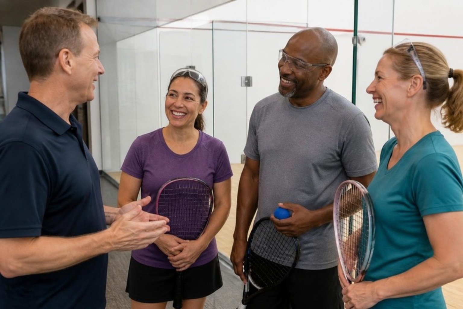 Demo court pro in a plain navy polo talking with club members holding racquetball racquets outside the glass-walled courts