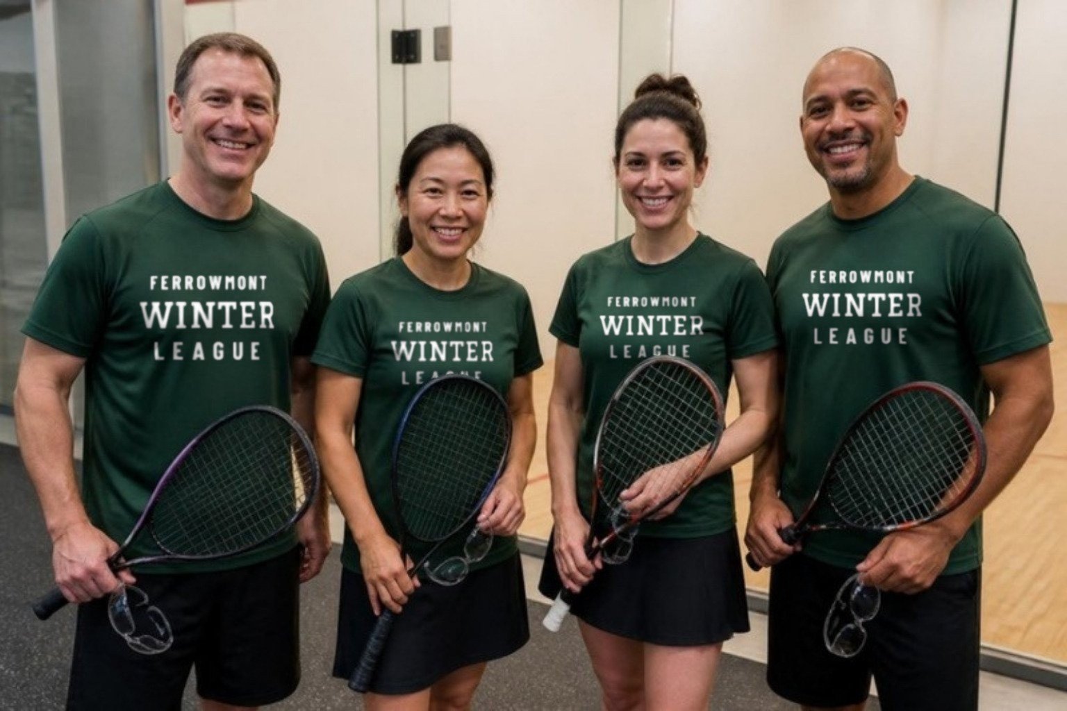 Demo racquetball league players in matching green FERROWMONT WINTER LEAGUE tees with racquets and eyewear beside a glass-walled court