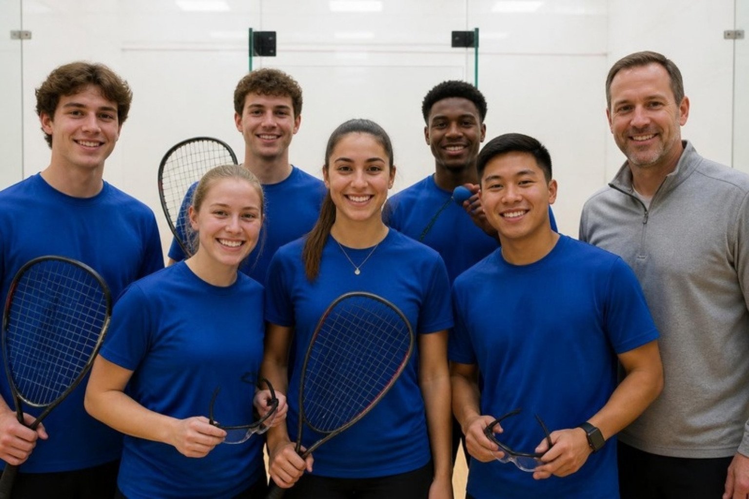 Demo college racquetball club team in matching plain royal blue tees holding racquets and eyewear, their coach beside them on court