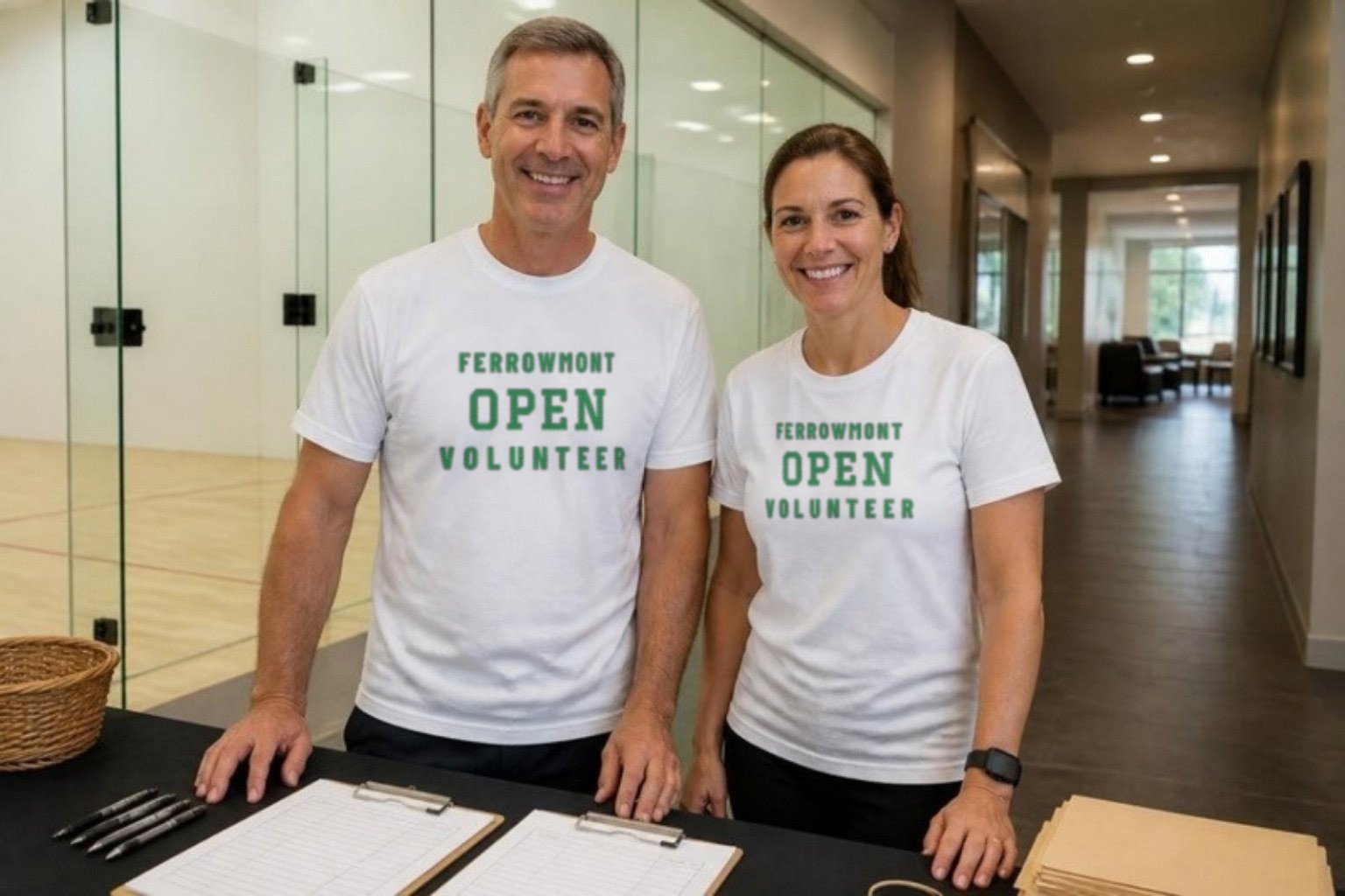 Demo tournament volunteers in white FERROWMONT OPEN VOLUNTEER tees at a check-in table with clipboards beside glass-walled courts