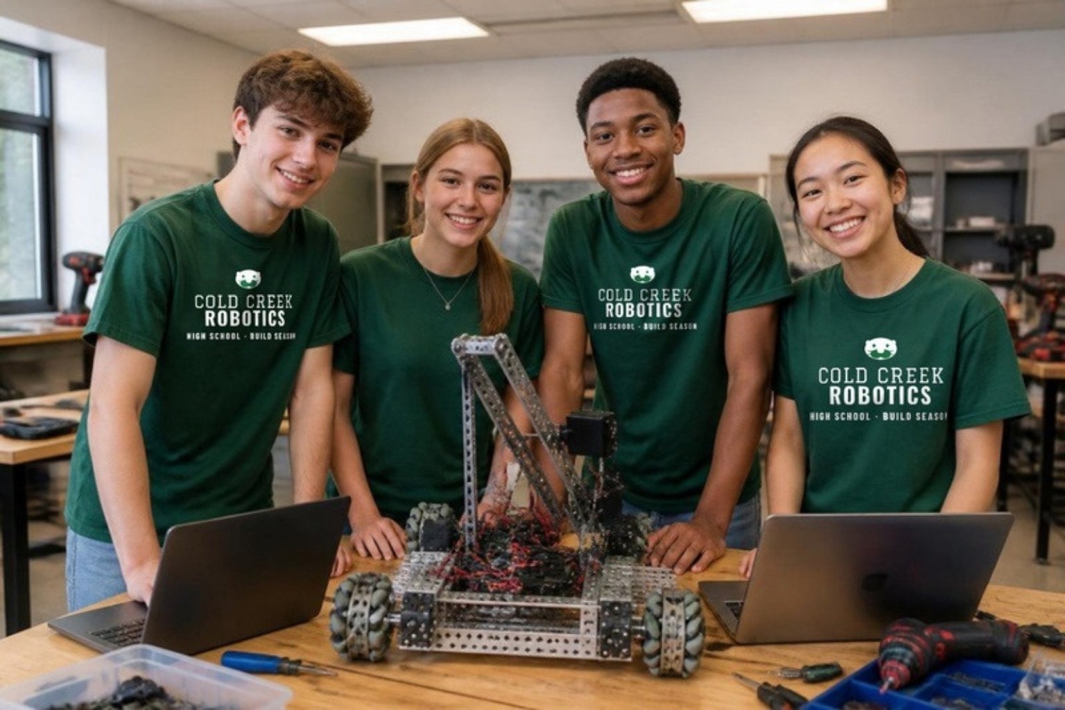 Demo: a high school robotics team at their build bench in green team tees printed with the fictional Cold Creek Robotics design